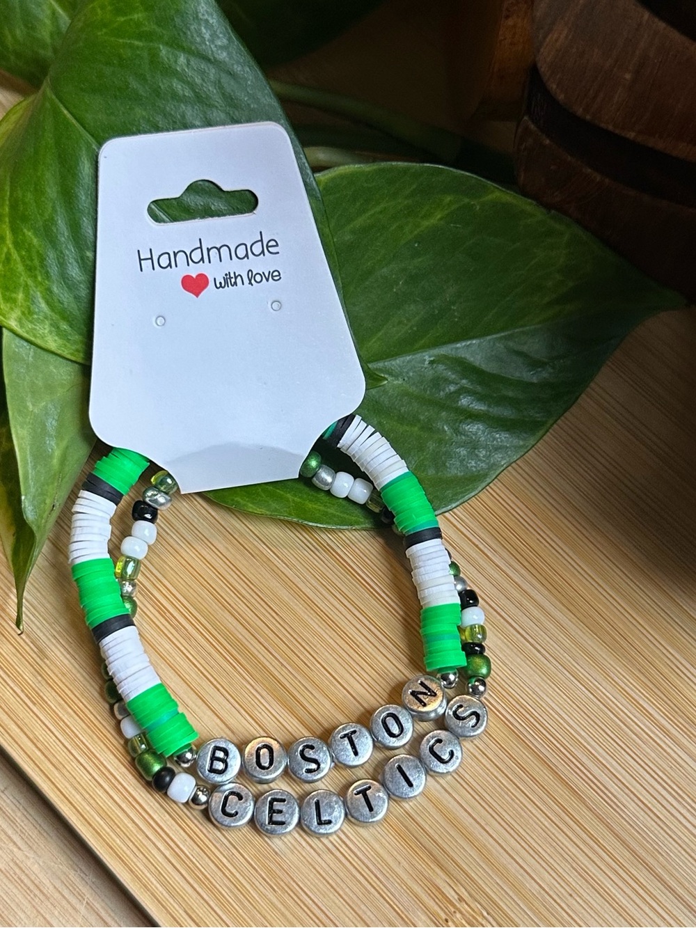 🏀 2-Piece Boston Celtics Stretchy Bracelet Set | Handmade | Beaded